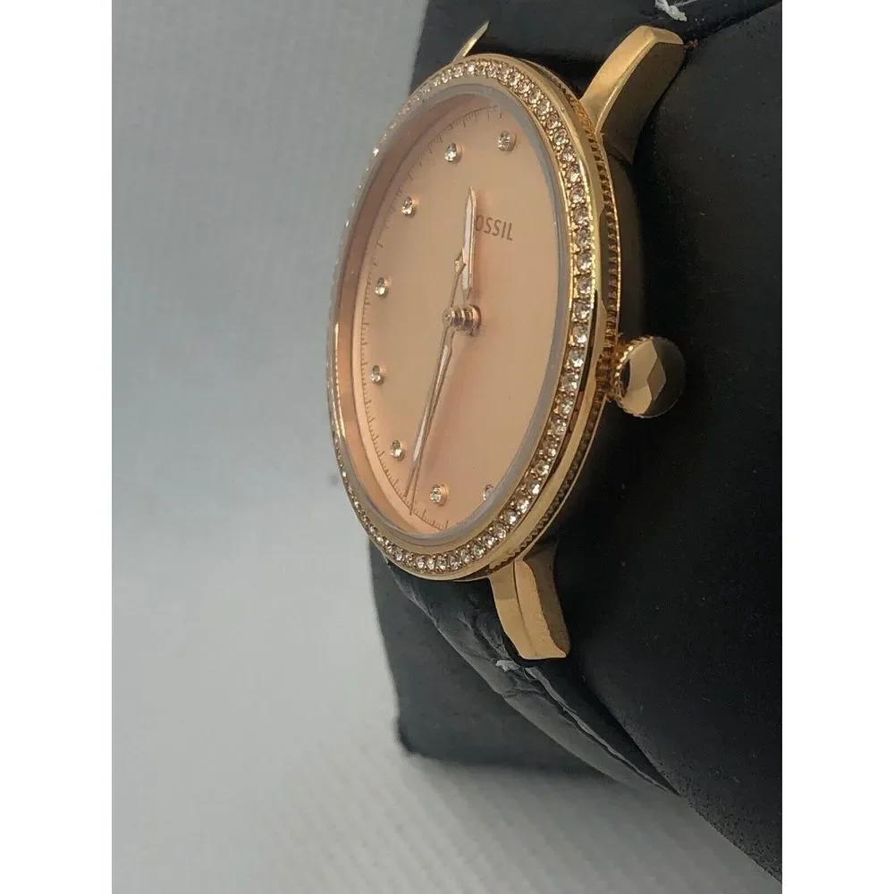 Fossil ES4365 Womens Black Leather Analog Rose Gold Dial Quartz Wrist Watch KS18